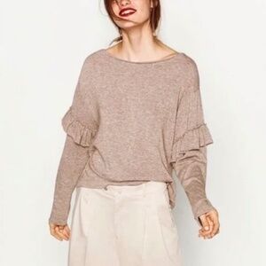 ZARA - Women's Light Brown Long Ruffle Sleeve Knit Sweater Size L